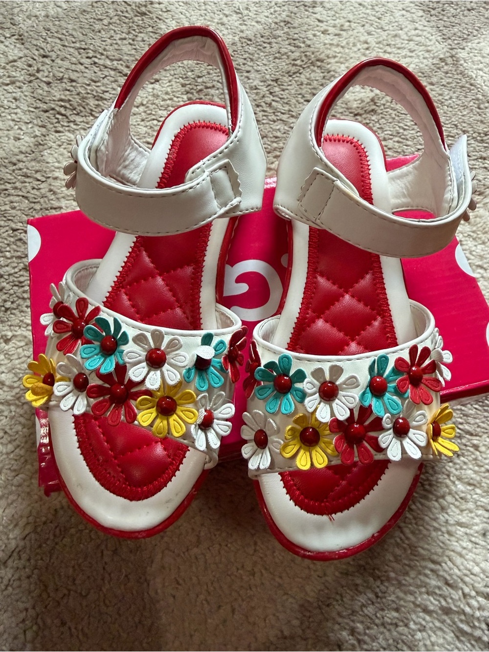 Girls White Floral Strap Sandals with Red Insole